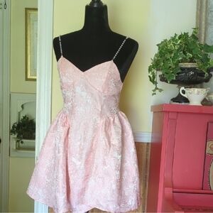 SHEIN Pink Floral Lace Mini Dress with Pearl Straps